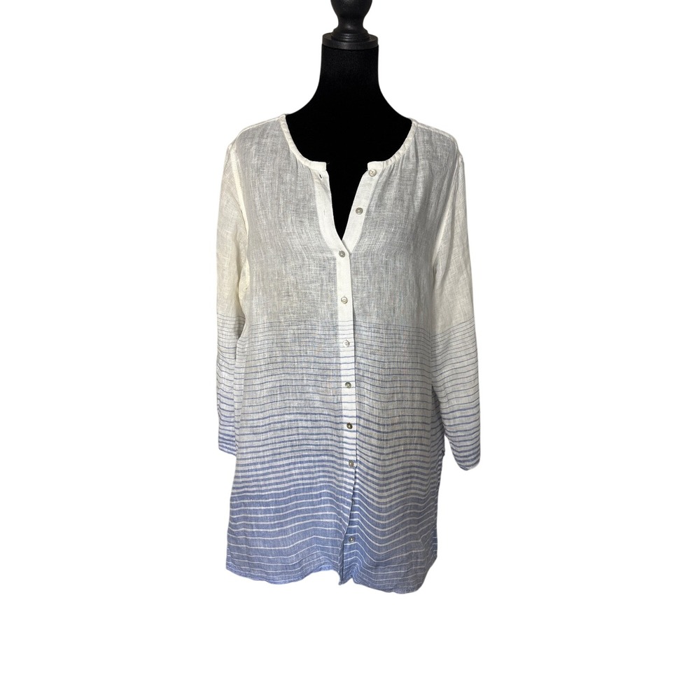 Saint Tropez West 100% Linen Ombre Striped Tunic Top White Blue Medium